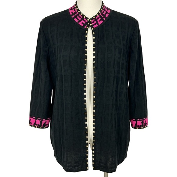 Ming Wang Sweaters - Ming Wang‎ Black Pink Geometric Studded Trim Cardigan Sweater Womens M